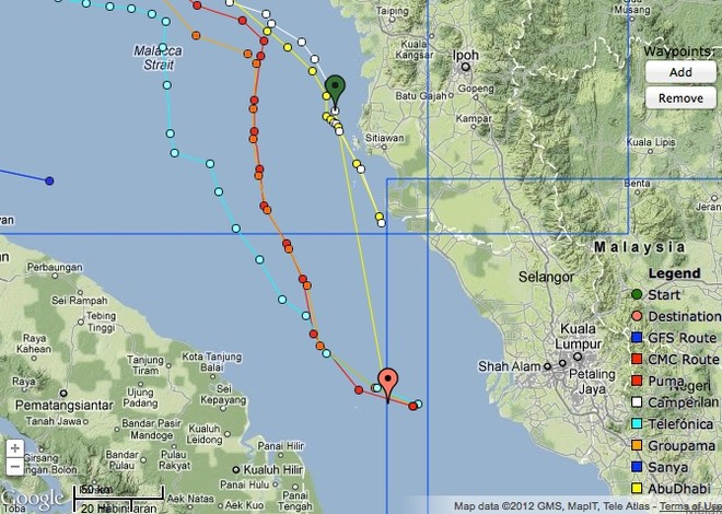 Update after Groupama, Telefonica and Puma rounded the third waypoint of 12 through the Mallaca Straits, Camper and Abu Dhabi have to come out to round the same waypoint &copy; PredictWind.com www.predictwind.com